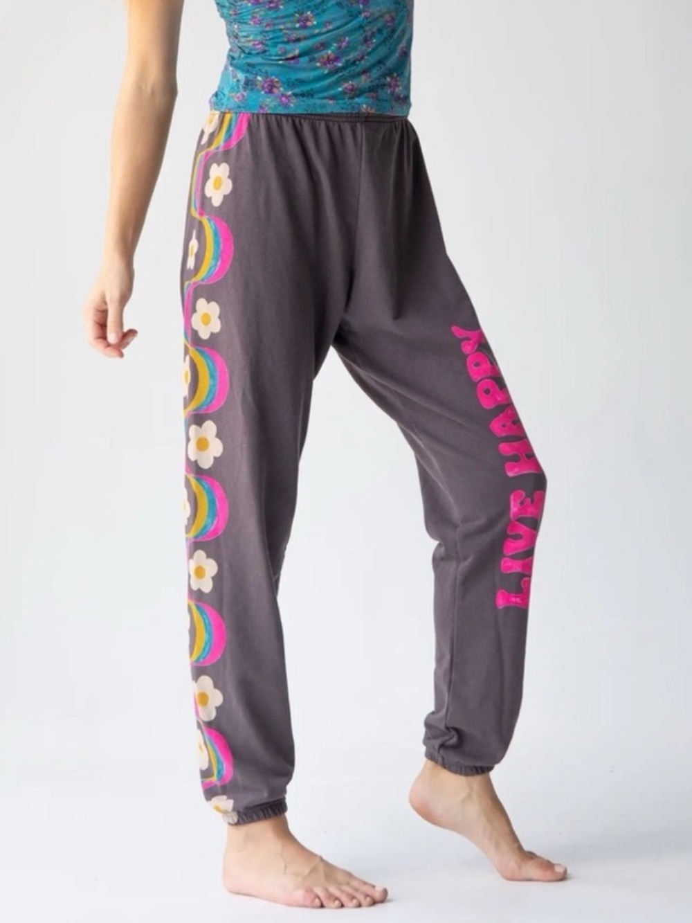 Natural Life Live Happy Floral Jogger Sweatpants Boho New Large
